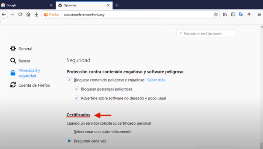 Paso certificados en mochila firefox