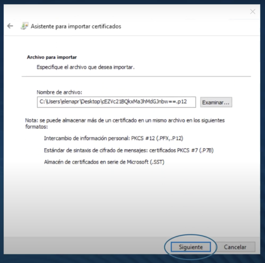 Exportar el certificado digital desde Windows paso 4