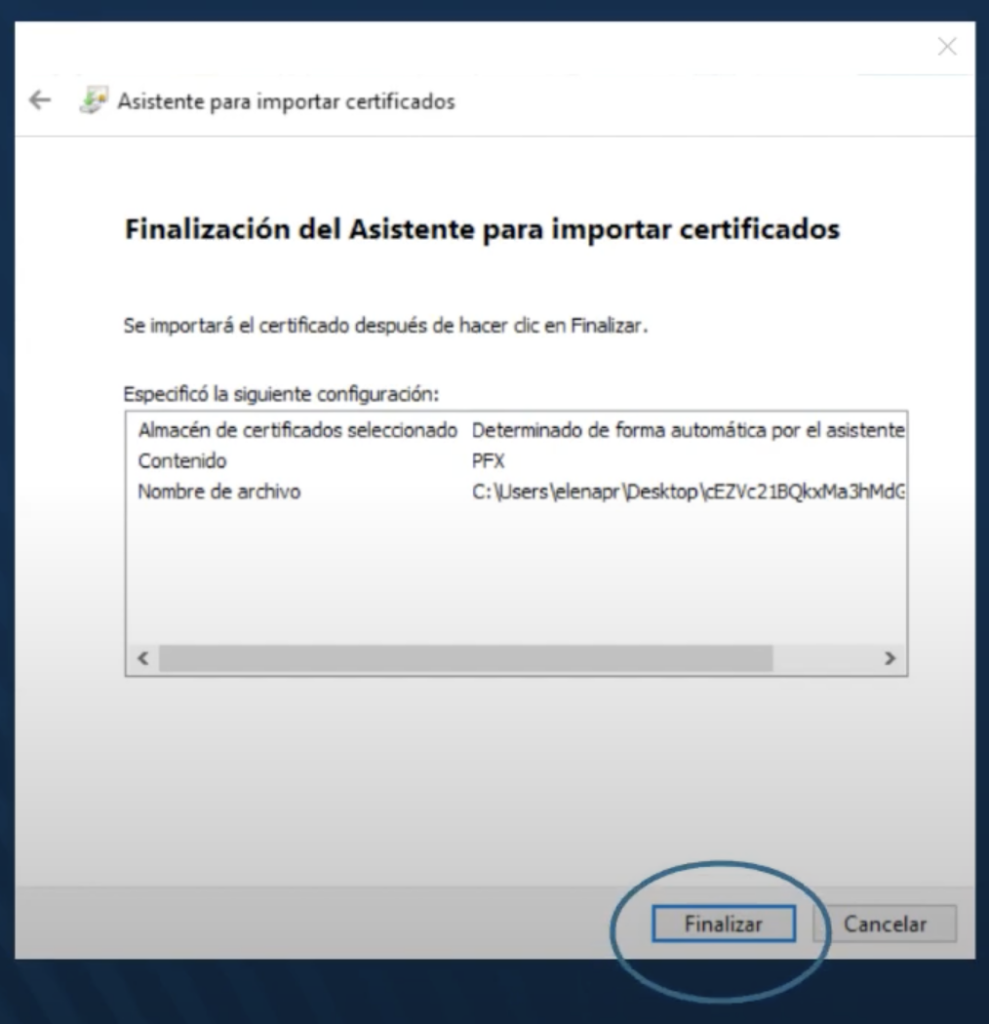 Exportar el certificado digital desde Windows paso 8